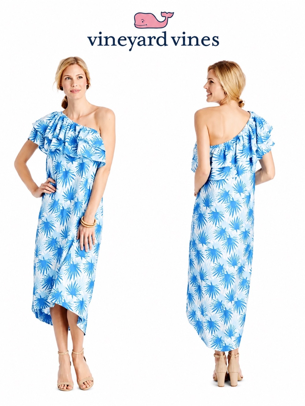 Vineyard Vines One Shoulder Palm Print Maxi Dress Blue Mint NWT Size 0